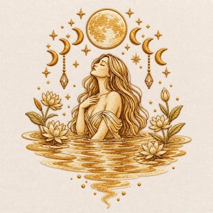 May include: An embroidery design featuring a person with long flowing hair emerging from water surrounded by lotus flowers. Above, a full moon is flanked by crescent moons, stars, and hanging geometric pendants, all rendered in golden thread.