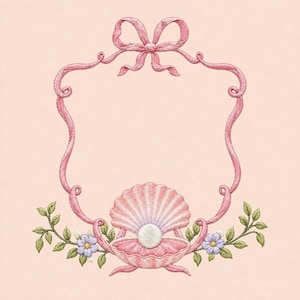 Puede incluir: Un diseño de bordado que presenta un marco de cinta rosa rematado con un lazo. En la base, una concha marina rosa sostiene una perla blanca, flanqueada por hojas verdes y pequeñas flores de color violeta claro sobre un fondo rosa pálido.
