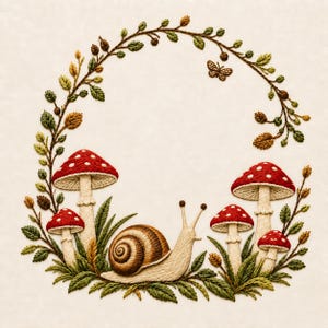 Può includere: Un ricamo che raffigura una lumaca centrale con guscio a spirale marrone, circondata da quattro funghi rossi a pois bianchi, fogliame verde e una piccola farfalla, il tutto disposto in un motivo a ghirlanda circolare su sfondo chiaro.