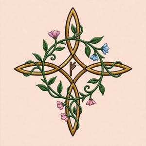 Peut inclure: Un motif de broderie représentant un symbole de nœud à quatre branches de couleur dorée entrelacé avec une vigne verte. La vigne porte de petites fleurs roses et bleues ainsi que des feuilles vertes. Une rune Fehu est centrée dans le nœud doré.
