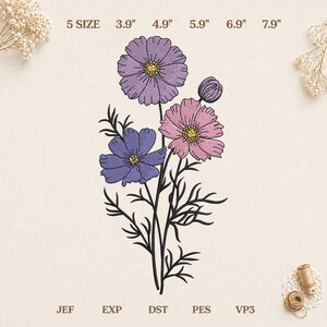 May include: An embroidery design featuring three cosmos flowers in shades of purple, lavender, and pink with yellow centers. Text includes 5 SIZE 3.9" 4.9" 5.9" 6.9" 7.9" and file formats JEF, EXP, DST, PES, VP3. The stems and leaves are outlined in black.
