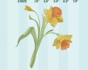 Diseño de bordado de flor de narciso amarillo, flor de nacimiento de marzo, descarga instantánea, 5 tamaños.