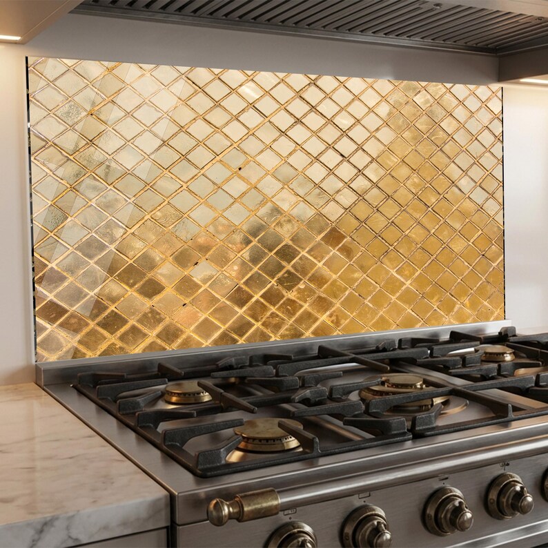 Gold Mosaic Kitchen Splashback, Heat Resistant Tempered Glass - Etsy