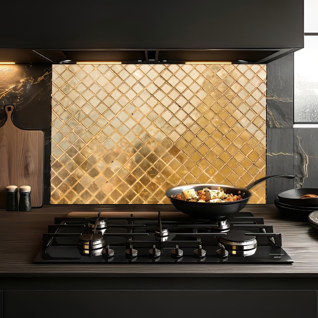 Gold Mosaic Kitchen Splashback, Heat Resistant Tempered Glass - Etsy
