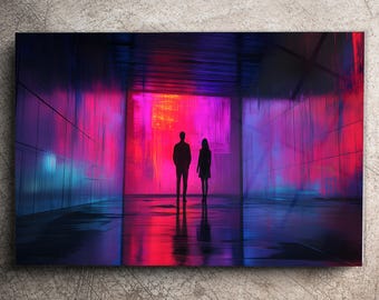 Arte de pared ciberpunk: decoración de vidrio templado con siluetas de neón para salas de juegos modernas