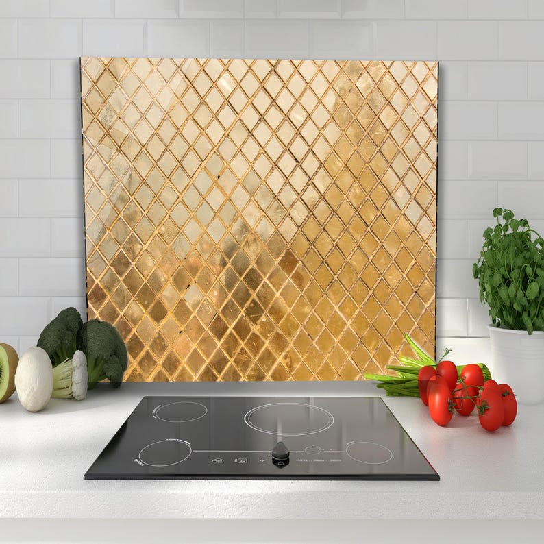 Gold Mosaic Kitchen Splashback, Heat Resistant Tempered Glass - Etsy