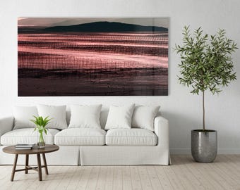 Pink Sunset Glass Wall Art: Panoramic Sea Landscape Photography Large Wall Decor