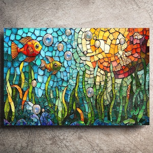 May include: A vibrant stained glass artwork depicting an underwater scene. Two orange fish swim among green seaweed and bubbles against a blue and yellow mosaic background. The artwork evokes a sense of depth and tranquility.