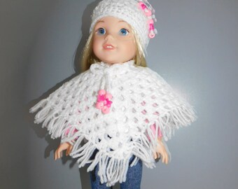 fits Wellie Wisher Dolls  Hand Crocheted Poncho and Matching Hat .   Baby Yarn .  Ties at neckline. Pink beads on ties and on the hat.