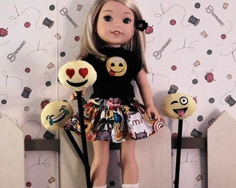 Wellie Wisher doll Emoji outfit. Skirt and t-shirt top. OUTFIT ONLY Handmade. I  make Both 18 inch and 14 1/2 inch size .look in my sections