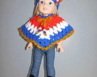 Poncho and Hat  fit Wellie Wishers Dolls. 14 1/4 inch tall doll.  Doll not included. Red White and Blue.  dollclothesandstuff.