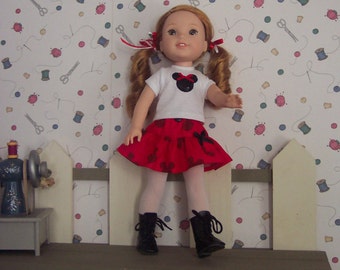 Fits Wellie Wishers size Dolls. A handmade Mickey mouse outfit.     Handmade Mickey Mouse Disney outfit.