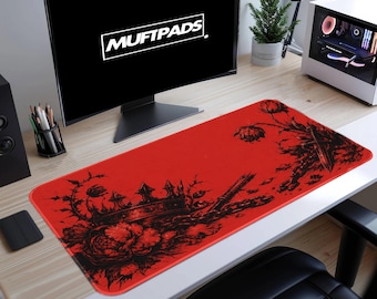 Gotische bureaumat met rode achtergrond en sierlijke kroon Playmat - Muftpads 3 mm neopreen
