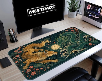 Mythological Creatures Desk Mat | Dragon & Fox Design | Muftpads Extended Mouse Pad