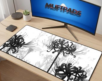 Spinnenlilie Schreibtischmatte, botanische Gaming-Mausunterlage, schwarz-weiße Silhouette Art