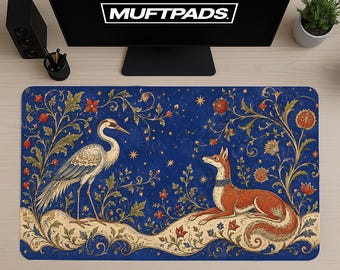 Deep Cobalt Blue Desk Mat with Gold Filigree Medieval Design