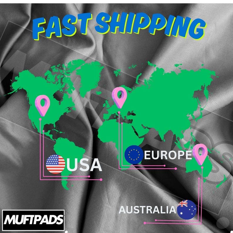 May include: Image with the text "FAST SHIPPING" in blue and yellow. A green world map with pink location markers and flags for the USA, Europe, and Australia. The brand name "MUFTPADS" is in a white box at the bottom.