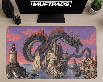 Medieval Castle Architecture Dragon Desk Mat for Gift For Him Workspaces