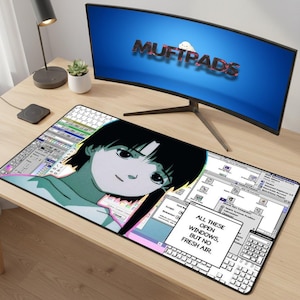 May include: A rectangular mouse mat with an anime-style character and a retro computer interface design. The mat features the text "ALL THESE OPEN WINDOWS, BUT NO FRESH AIR". The character has black hair and a teal background.
