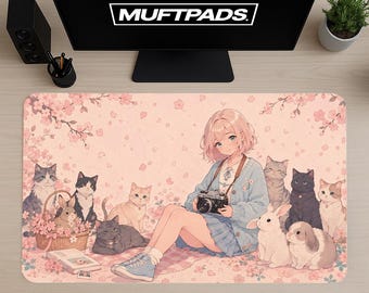 Pink Cherry Blossoms Anime Girl Desk Mat