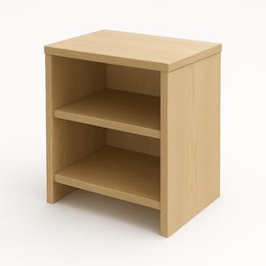 May include: A light-colored wooden nightstand with two shelves. The nightstand is rectangular with a flat top and a simple, modern design. The wood grain is visible, giving it a natural look.