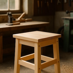 May include: A small, unfinished wooden stool with a square seat and four sturdy legs. The stool is made of light-colored wood and features a simple, minimalist design. The stool is approximately 18 inches tall.