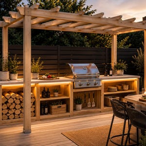 Op de afbeelding: Een buitenkeuken met een pergola van licht hout, een roestvrijstalen grill en geïntegreerde warme ledverlichting. De structuur bevat open planken voor brandhoutopslag, keukengerei en diverse potplanten op het aanrechtblad.