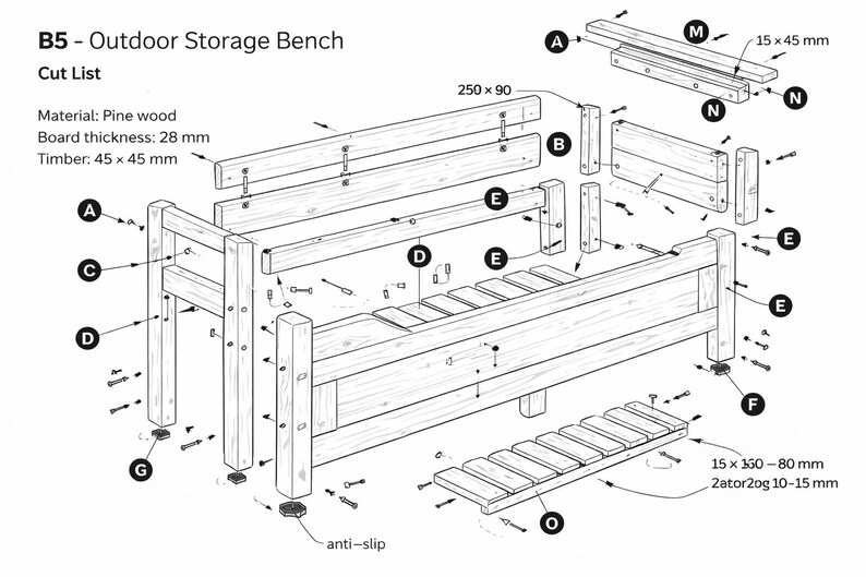 Exploded Bench Outdoor Storage Bench Woodworking Plans for Patio and Garden - Etsy