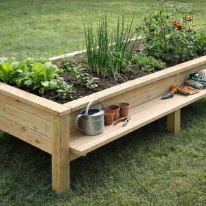 May include: A wooden raised garden bed filled with various plants, including lettuce and tomatoes. A lower shelf holds gardening tools, pots, and a watering can. The bed is set on a grassy lawn.