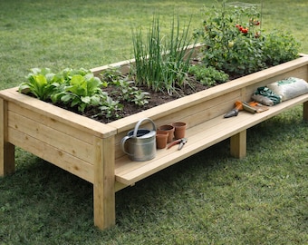 Planos de bancales elevados modulares con banco / Jardinera exterior DIY / Planos de carpintería en PDF