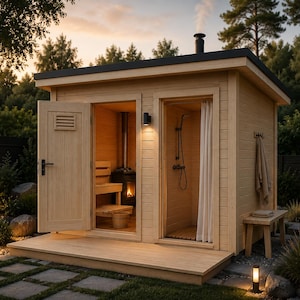 May include: A light-coloured wooden outdoor sauna structure featuring a dual-entry design with a hinged door leading to a heated interior with benches and a stove, and an adjacent open shower stall with a curtain, a showerhead, and a wooden bench.