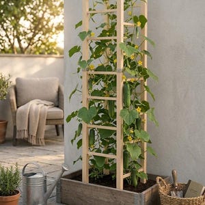 Peut inclure: Un treillis à concombres en bois avec des concombres et des fleurs jaunes en croissance. Le treillis est dans une jardinière en bois. Un arrosoir, des gants de jardinage et un panier avec des outils de jardinage sont à proximité.