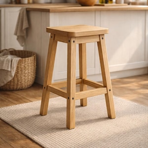 Peut inclure: Un tabouret en bois clair doté d'une assise carrée et de quatre pieds droits reliés par des barres de renfort horizontales. Le tabouret présente des fixations circulaires sombres visibles à chaque jointure entre les pieds et l'assise.