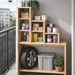 以下が含まれることがあります： 木製の収納ユニット。複数の棚があり、ペンキ缶、箱、タイヤなどのアイテムが置かれています。ユニットはバルコニーにあり、紙の提灯と建物の景色が見えます。「A25 - Ultra Detailed Assembly Guide」というテキストが表示されています。