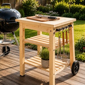 Peut inclure: Un chariot de barbecue en bois clair pour extérieur avec une surface supérieure à lattes, deux étagères inférieures et deux roues noires. Une planche à découper, des pinces, une spatule et une fourchette sont incluses avec des crochets.