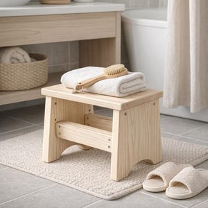 Könnte beinhalten: Ein heller Holztritt mit rechteckiger Sitzfläche und vier stabilen Beinen. Ein gefaltetes weißes Handtuch und eine Badebürste mit Holzgriff und Naturborsten liegen auf der Sitzfläche des Hockers, dessen Holzmaserung deutlich sichtbar ist.