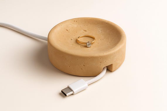 Travertine Marble Cable Holder, Stone Cord Organizer, Minimalist Desk Accessory