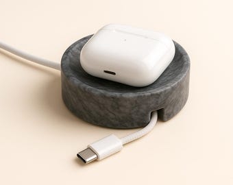 Grey Marble Cable Holder, Stone Cord Organizer, Minimalist Desk Accessory