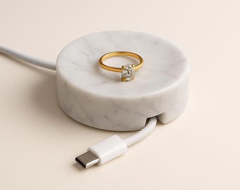 Light Grey Marble Cable Holder, Stone Cord Organizer, Minimalist Desk Accessory
