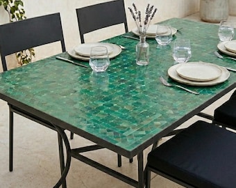 UNIQUE MOSAIC TABLE Large, Handmade Rectangular Dining Table, Moroccan Mosaic Green Table, Custom Made Design, Outdoor Patio Furniture