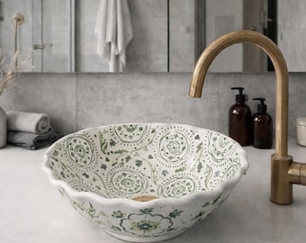 Farmhouse Bathroom Sink with Hand-Painted Flowers - Rustic Countertop Basin - Unique Bathroom Decor - Centerpiece Vanity Sink