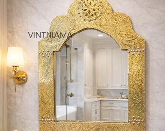 Wall Mirror Traditional for Bathroom and Entryway - Handmade Engraved Brass Moroccan Mirror - Farmhouse Style Wall Mirror Decor