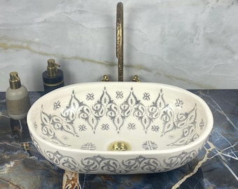 Handmade Moroccan Ceramic Oval Sink – Grey Farmhouse Vessel Basin