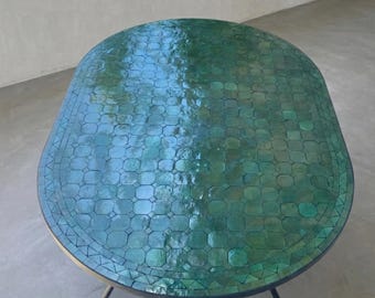 Unique Dining Oval EMERALD Verde GREEN TABLE, Moorish Handmade Outdoor & Indoor Mosaic Table, Custom Made Traditional Moroccan Green Table