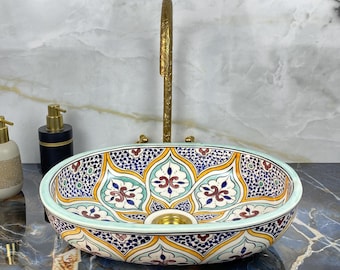 Hand-Painted Moroccan Oval Sink – Colorful Ceramic Vessel Basin