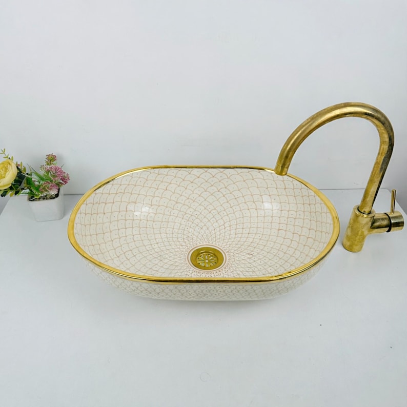 Blue Fish Scale Hand Painted Oval Bathroom Vessel Sink With 14k Gold ...