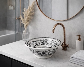 Wastafel ronde keramische badkamer wastafel, handgemaakte Marokkaanse aardewerk kunst waskom, badkamer ijdelheid wastafel voor boerderij decor