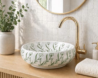 Lavabo de cerámica blanca con estampado floral verde salvia – Lavabo marroquí artesanal – Lavabo para baño – Lavabo decorativo
