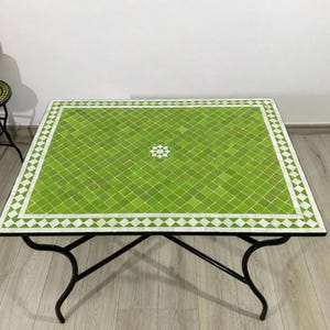 Lime Green GARDEN DECOR TABLE – Rectangular Moroccan Zellige Patio Table – Handmade Outdoor Dining Furniture – Fresh Garden Style