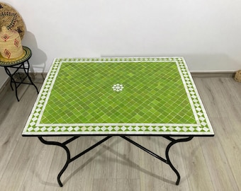 Lime Green GARDEN DECOR TABLE – Rectangular Moroccan Zellige Patio Table – Handmade Outdoor Dining Furniture – Fresh Garden Style